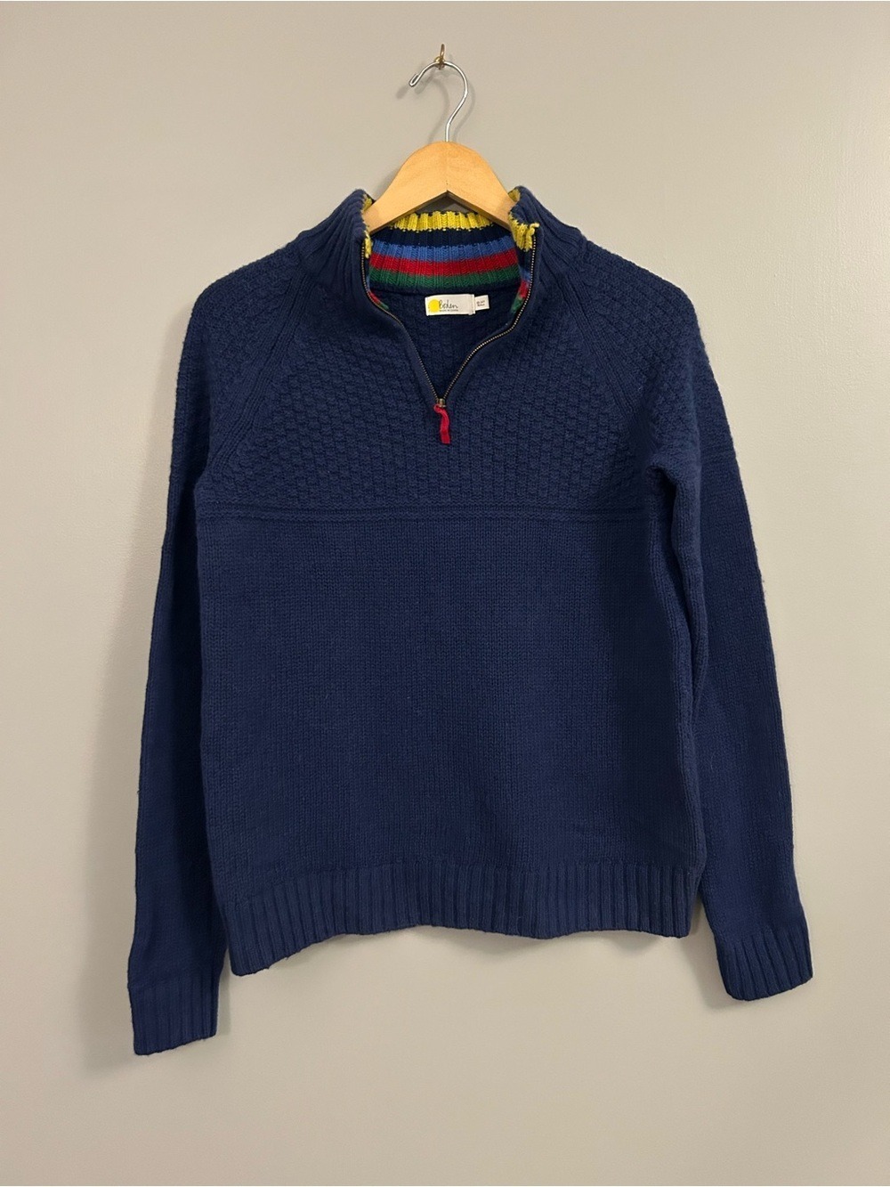 Boden Navy Half-Zip Sweater with Rainbow Collar Trim Boys 13-14 Years Wool Blend